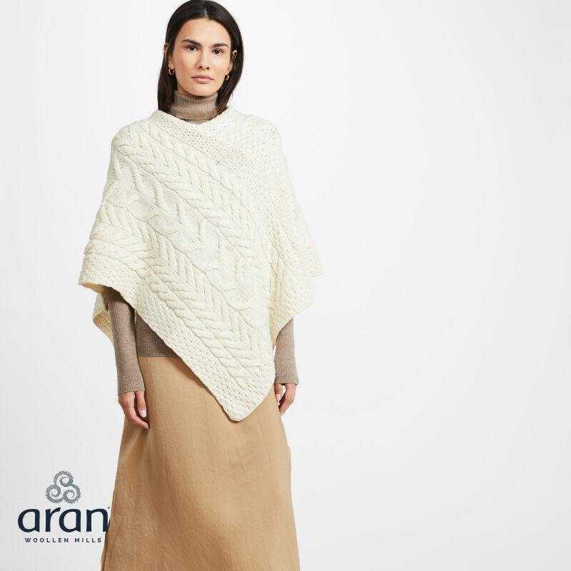 Super Soft Merino Wool Triangular Aran Cable Knit Design Poncho  Natural Colour